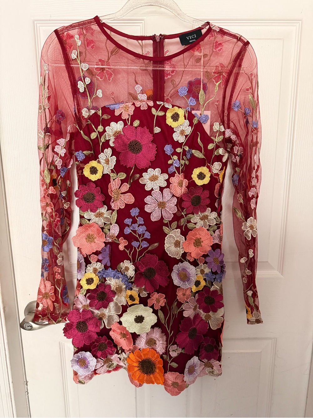 VICI Burgundy Floral Embroidered Mesh Long-Sleeve Dress